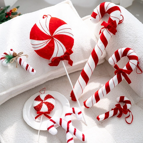 Christmas Tree Hanging Ornaments Red White Stripe Candy Cane Lollipop Foam Ball Fabric Glitter Bow Festive Holiday Decor