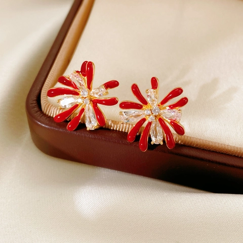 Flower Stud Earrings Copper With Zircon Red Enamel And Silver Earring Post Elegant Jewelry For Women