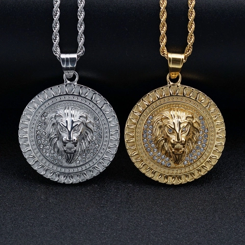 Hip Hop 316L Stainless Steel Lion Head Pendant Necklace Rhinestone Inlaid Sun Flame Medallion Gold Silver Men Jewelry