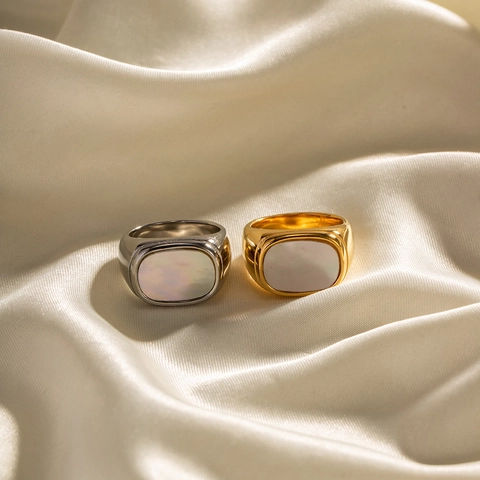 Retro Stainless Steel Rectangular Shell Inlay Open Ring For Women 18K Gold Plated Geometric Signet Finger Ring Jewelry