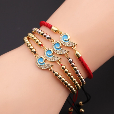 Geometric Blue Enamel Pendant Braided Rope Bracelet Gold Plated Copper Beads Cubic Zirconia Adjustable Jewelry Women