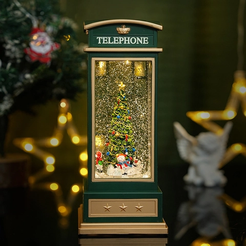 Christmas Telephone Booth Music Box Plastic LED Light Automatic Snowing Rotating Tree Snowman Desktop Decoration Gift