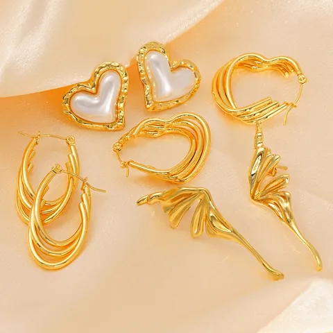 Hart Vleugel Oorbellen 18K Verguld Roestvrij Staal Meerlaagse Creolen Knopjes Kunstparel Minimalistische Sieraden Voor Dames