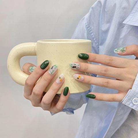 Handmade Press On Nails Chinese Style Green Bamboo Panda Pattern Oval Short Round Detachable Reusable Manicure