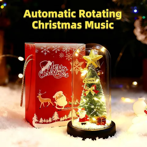 Adorno De Cúpula De Vidrio De Navidad Luz LED Caja De Música Giratoria Árbol Miniatura Papá Noel Reno Decoración
