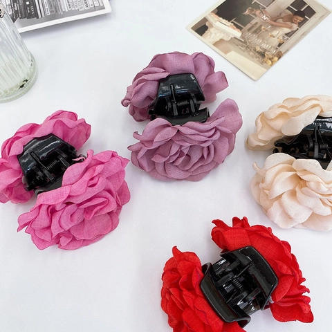 Grote Roos Bloem Haar Klauw Clip Elegante Stof Satijn Chiffon Multi Layer Florale Haarnaald Retro Franse Stijl Voor Vrouwen