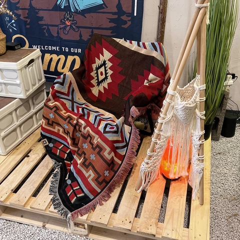 Bohemian Throw Blanket Cotton Woven Ethnic Geometric Pattern With Tassels For Camping Sofa Picnic Travel Decor
