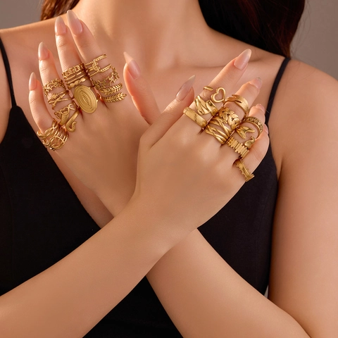 Geometric Open Ring 18K Gold Plated Stainless Steel Adjustable Hollow Snake Heart Leaf Minimalist Aesthetic Jewelry