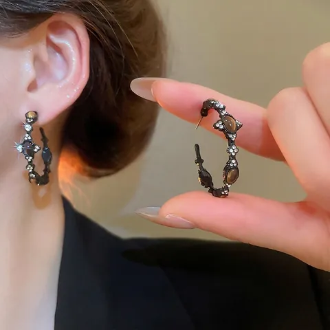Pendientes De Aro En Forma De C Aleación Negra Piedra Ojo De Tigre Cristales Con Poste De Plata De Ley 925 Joyería Mujer