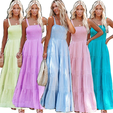 Women Spaghetti Strap Striped Maxi Dress Polyester Smocked Bodice Tiered Cake Skirt Summer Beach Vacation Boho
