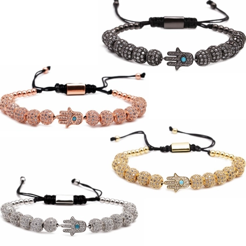 Hamsa Hand Perlenarmband Mikro Pave Zirkon Kupfer Böser Blick Charme Verstellbares Geflochtenes Seil Ethnischer Schmuck Unisex