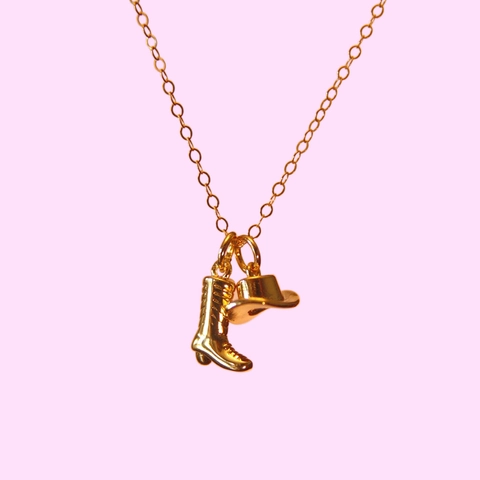 Cowboystiefel Und Hut Anhänger Halskette 18K Vergoldetes Kupfer Vintage Western Schmuck Für Damen
