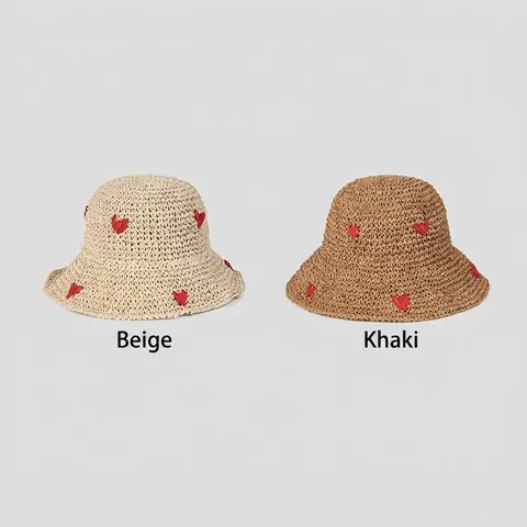 Women Sweet Heart Pattern Paper Straw Bucket Hat Foldable Wide Brim Summer Beach Sun Protection Breathable Hand Crochet