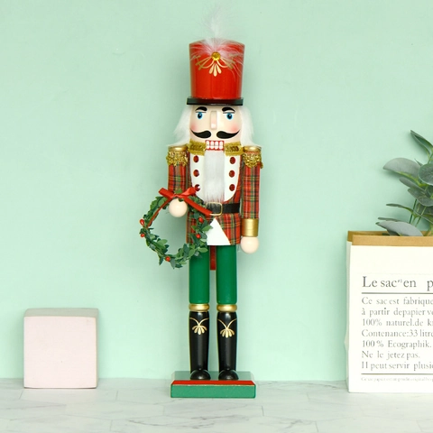 Christmas Nutcracker Soldier Figurine Wood Painted Holding Wreath Scottish Plaid Jacket Festive Home Tabletop Decoration