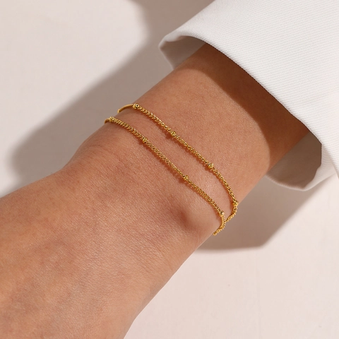 Minimalist Stainless Steel Beaded Layered Bracelet For Women Gold Plated Satellite Chain Adjustable Fashion Commuter Jewelry Gift