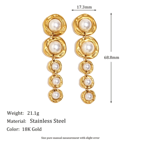 Vintage Long Drop Earrings Hammered Stainless Steel 18K Gold Plated Faux Artificial Pearl Graduated Circles Retro Jewelry Women