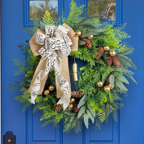 Handmade Christmas Pinecone Bell Wreath Rustic Burlap Bow Artificial Pine Needle Garland For Xmas Front Door Holiday Home Decoration