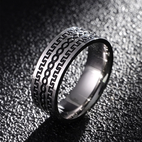 Bague Vintage en Acier Inoxydable pour Hommes Motif de Grecque Ethnique Grande Muraille Argent Minimaliste Bijoux Cadeau