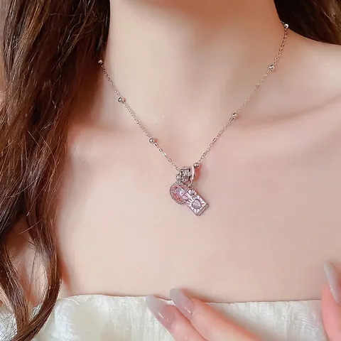 Pink Heart Rhinestone Pendant Necklace Enamel Rectangle Card Silver Tone Alloy Sweet Romantic Jewelry For Women