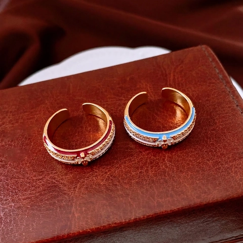 Fleur-De-Lis Open Adjustable Ring Copper 18K Gold Plated Zircon Enamel Vintage Luxury Retro Finger Jewelry Women