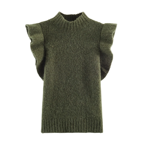 Chaleco De Punto Para Mujer Suéter Sin Mangas Cuello Alto Hombro Con Volantes Color Sólido Ajustado Moda Casual