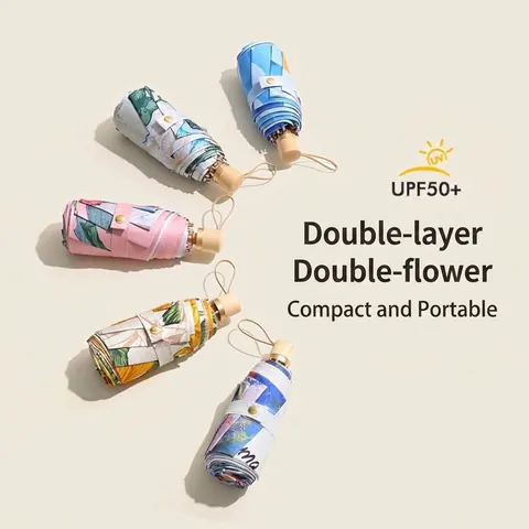 Women Portable Manual Folding Sun Umbrella UV Protection UPF 50 Plus Pongee Black Coating Hand-painted Illustration Floral Rain Sun Umbrella
