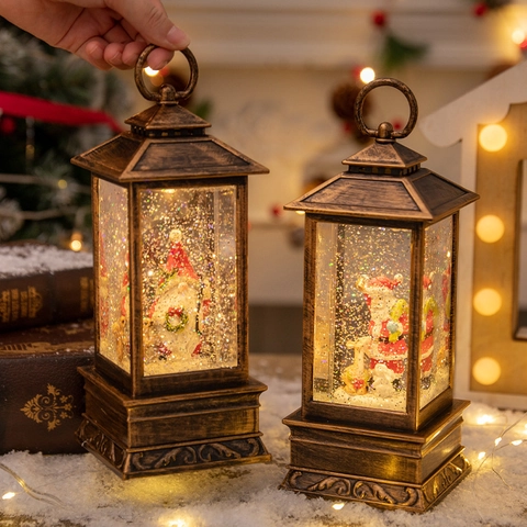 Weihnachts Schneekugel Laterne Vintage Bronze PVC LED Warmes Licht Glitzernd Flüssigkeit Feiertag Tischdeko Geschenk