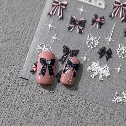 5D Relief Nail Stickers 3D Self-Adhesive Pink Black Bowknot Lace Star Manicure Decals For DIY Nail Art Decoration