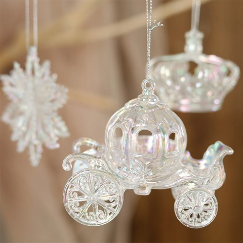 Ornements De Noël Suspendus En Acrylique Irisé Renne Flocon De Neige Cloche Couronne Citrouille Carrosse Pendentifs