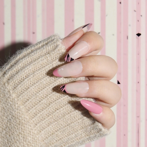 Ongles Press On Longues Amande Rose Nude Noël Flocon De Neige Motif À Carreaux Style Français Faux Ongles Doux Hiver