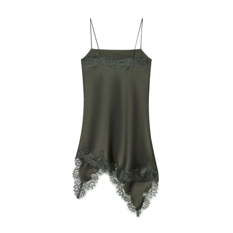 Satin Lace Slip Midi Dress Dark Green Spaghetti Straps Irregular Hem V Neck Elegant Sexy Streetwear Women