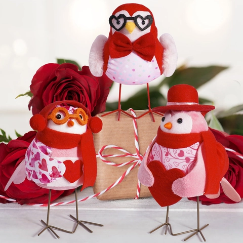 Valentinstag Vogel Figuren Stoff Plüsch Tischdeko Herz Brille Hut Schal Romantisches Ornament Für Zuhause Party Geschenk