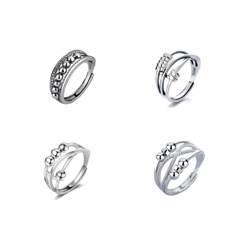 Anti Angst Fidget Ring Für Damen Drehbare Perlen 925 Sterling Silber Retro Verstellbar Offen Stressabbau