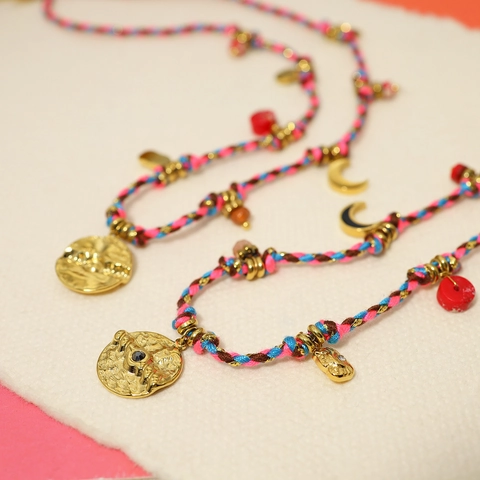 Bohemische Gewebte Halskette Edelstahl 18K Vergoldet Emaille Tigerauge Stein Stern Mond Anhänger Vintage Schmuck Damen