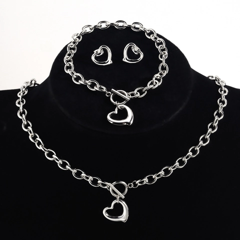 Roestvrijstalen Hart Sieraden Ketting Armband Oorknopjes Zilver Hol Open Hart Knebelssluiting Dames Mode