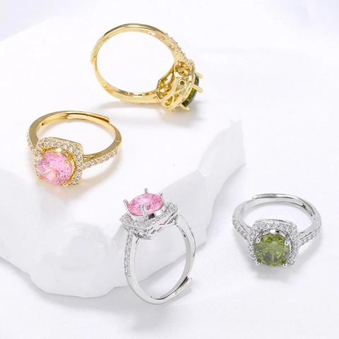 Copper Ring Round Zirconia Micro-Set Halo Design Open Adjustable Fashion Jewelry Women