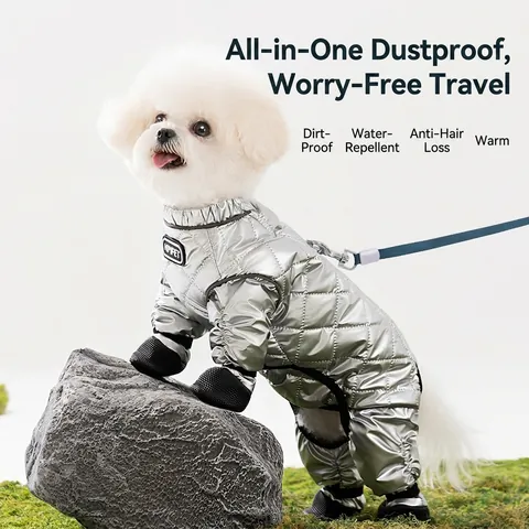 Dog Jumpsuit Winter Warm Quilted Metallic Silver Waterproof Outdoor Snowsuit Full Cover Reflective Pet Clothes