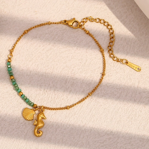 Seahorse Shell Charm Bracelet 18K Gold Plated Stainless Steel Green Bead Beach Vacation Fashion For Women