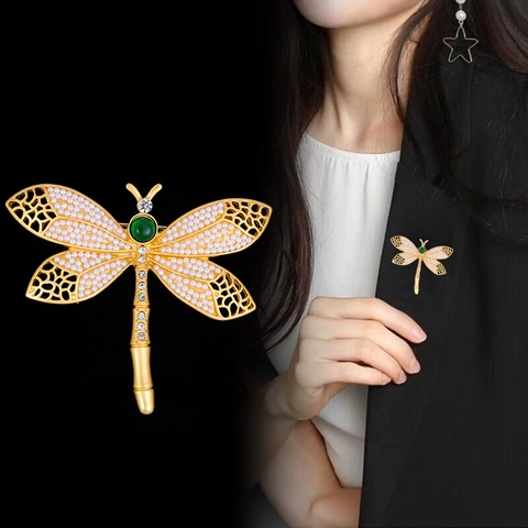 Broche de Libélula de Oro Vintage para Mujer Perla Artificial de Alta Calidad Diamantes de Imitación Insecto Broche para Trajes Abrigo Joyería