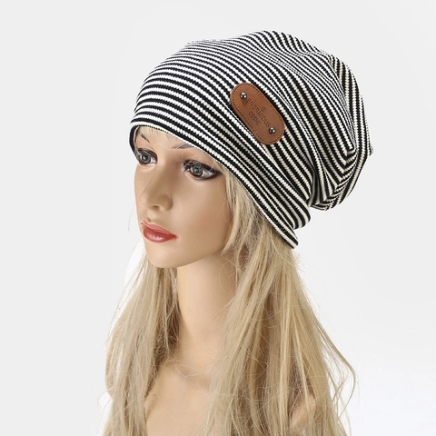 Slouchy Beanie Hat Striped Knit Cotton Blend With Leather Patch Rivets Casual Retro Streetwear For Men Women