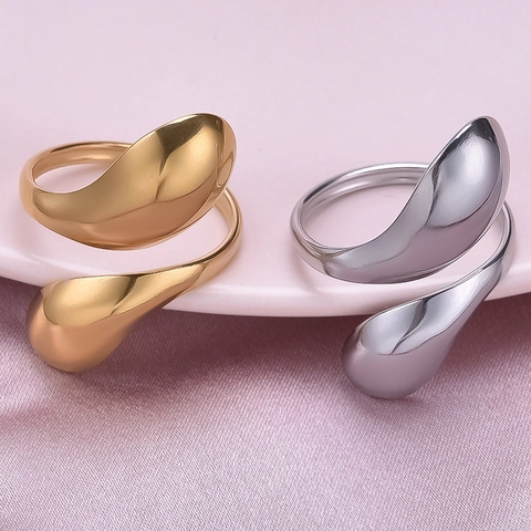 Irregular Water Drop Open Ring 304 Stainless Steel 18K Gold Plated Adjustable Liquid Metal Minimalist Geometric Jewelry Women