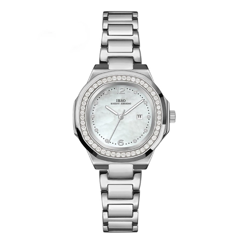 Women Quartz Watch Stainless Steel Band Diamond Bezel Mother Of Artificial Pearl Dial Date Display Waterproof Fashion Luxury Timepiece