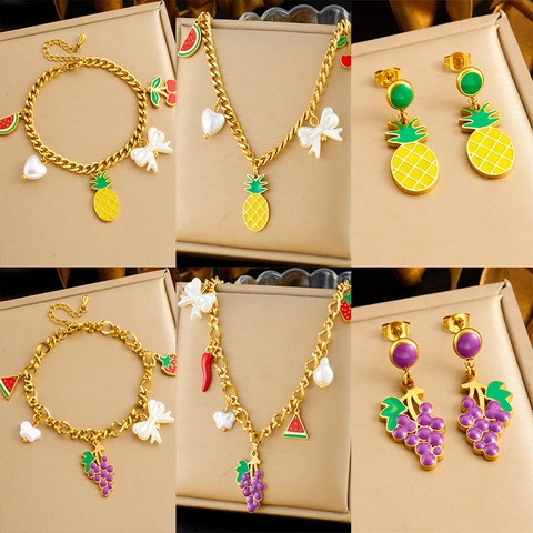 Bijoux En Acier Inoxydable Émail Fruits Collier Bracelet Et Boucles D'oreilles Avec Pendentifs Raisin Pastèque Ananas Fraise Pour Femme