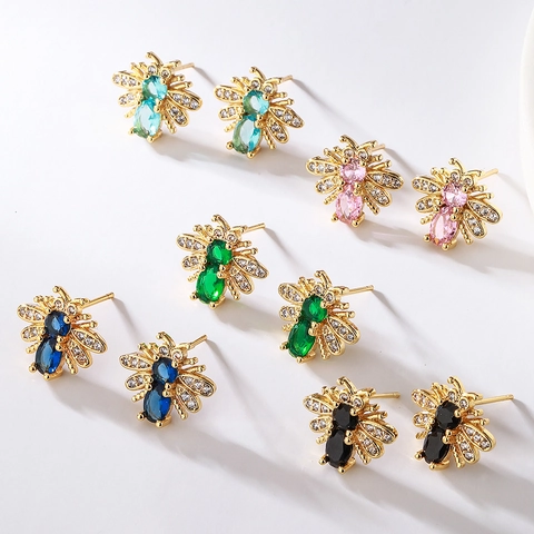 Pendientes De Botón Abeja Cobre Bañado En Oro Circón Colorido Motivo Animal Para Mujeres