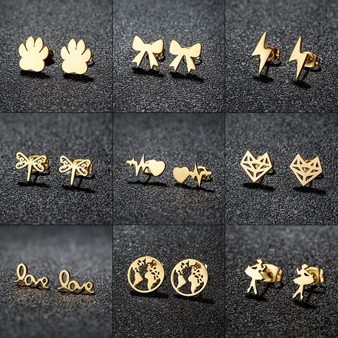 Stainless Steel Stud Earrings For Women Tiny Ballerina Bowknot Love Heartbeat Flash Geometric Fox Fashion Jewelry