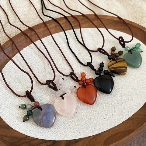 Collana Con Pendente A Cuore Pietra Naturale Corda Intrecciata A Mano Catena Lunga Stile Boho Retrò Per Donna