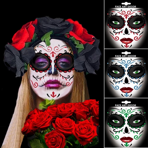 Halloween Tag Der Toten Gesicht Aufkleber Zucker Schädel Temporäre Tattoos Glitzer Party Make Up Dekoration Selbstklebend