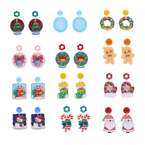 Boucles D'oreilles De Noël Acrylique Scintillant Double Face Père Noël Sapin Flocon De Neige Dessin Animé Bijoux De Fête Nouveauté