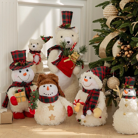 Figurines En Peluche Bonhomme De Neige Ours Polaire Décoration Noël Debout Chapeau Écharpe Carreaux Ornement De Table