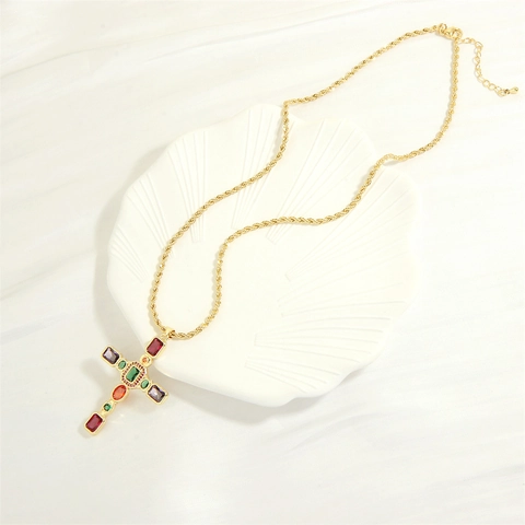 Copper Gold Plated Cross Pendant Necklace Multi Color Zircon Micro Pave Rope Chain Religious Fashion For Women